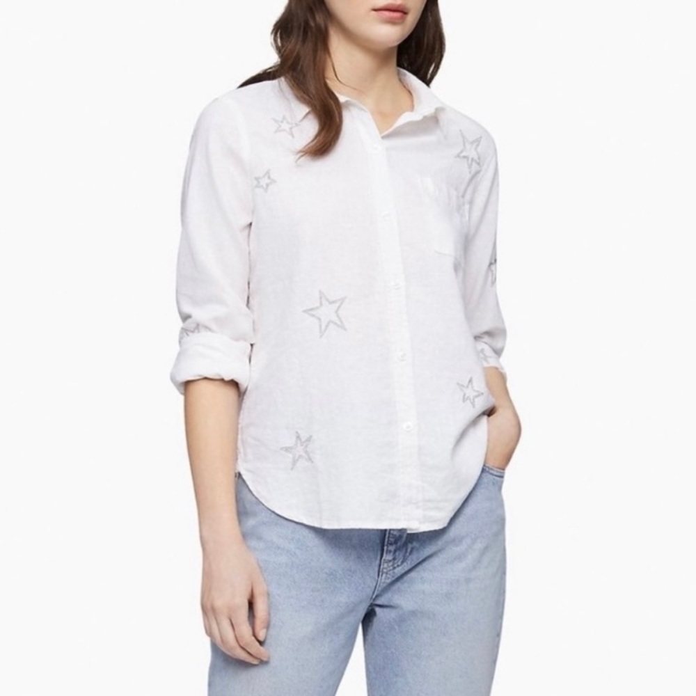 NWOT Women’s Size Medium Calvin Klein Jeans Linen White Shirt Embroidered Stars